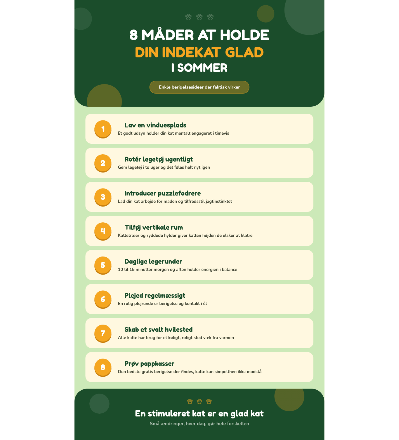 Infografik om aktivering af indekatte med 8 vintertips til at holde katten glad: lav en plads ved vinduet, skift legetøj hver uge, brug foderpuslespil, skab pladser i højden, leg dagligt, børst regelmæssigt, lav et hyggeligt hjørne og brug papkasser.